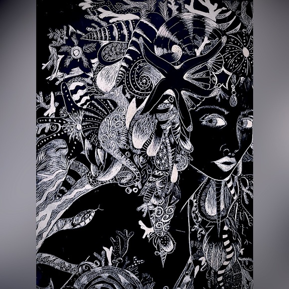 Handmade Black & White Sea Shell Mermaid Ocean Fantasy Scratchboard Artwork - Picture 2 of 10